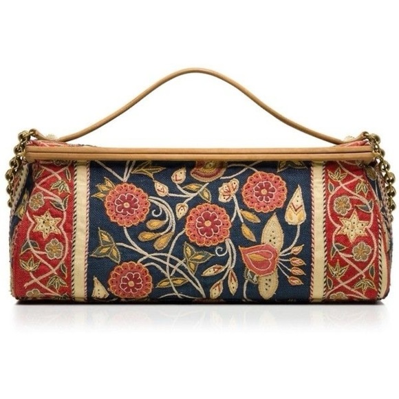 Tory Burch Handbags - Tory Burch Tapestry Embroidered Barrel Bag Floral Carpet Navy Red Gold GUC